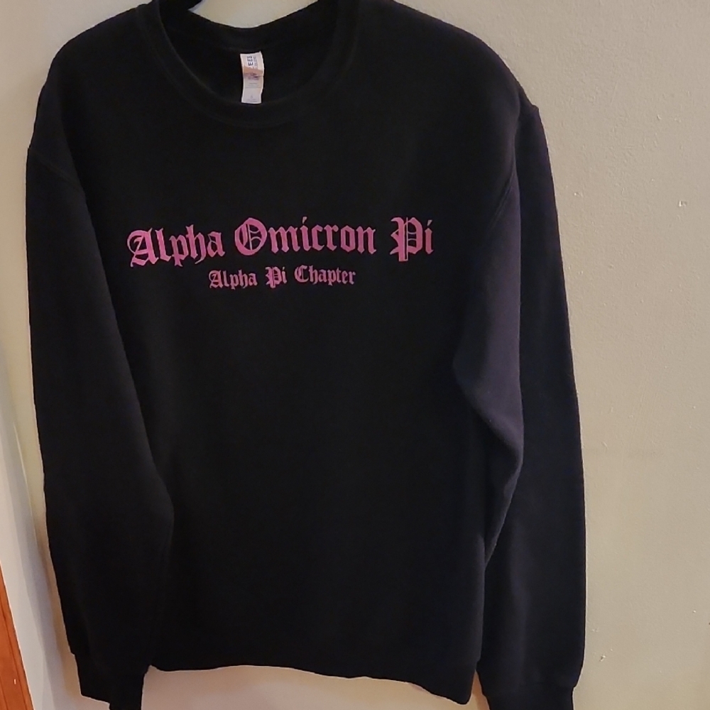 Alpha Omicron Pi Back Sweatshirt With Pink Alpha Omicron Pi Print